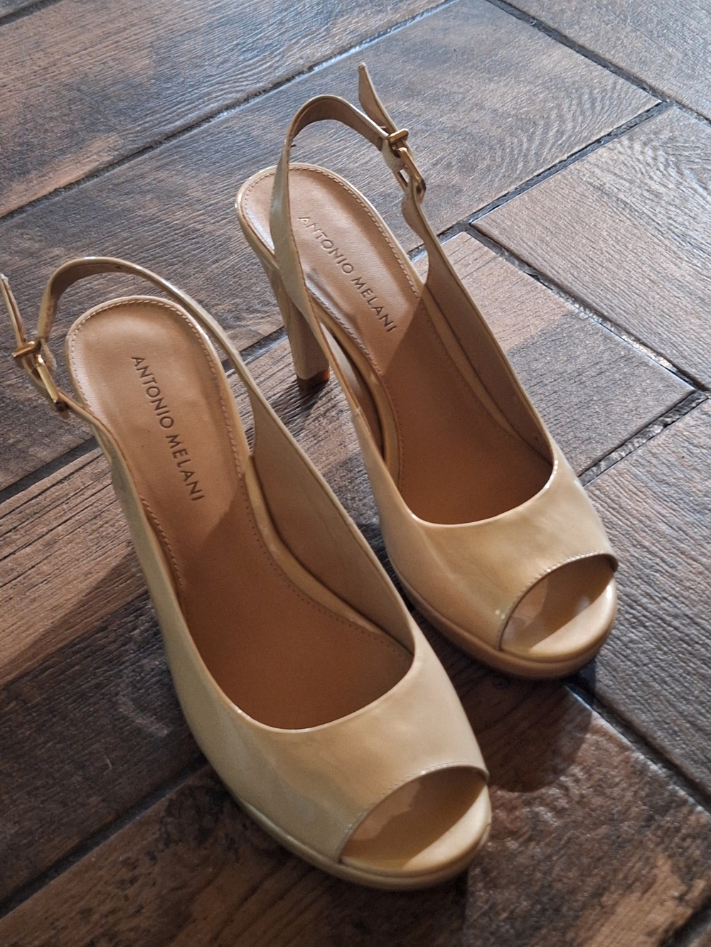 ANTONIO MELANI Beige Peep-Toe Slingback Platform Heels